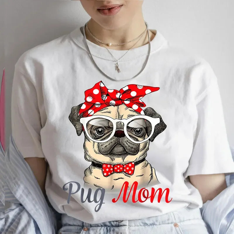 Pug Mom Print T-Shirt Women'S Clothing Funny Cartoon Tee Tshirt Femme Dog Lover T Shirt Female Harajuku Tee Shirt Streetwear Y2k
