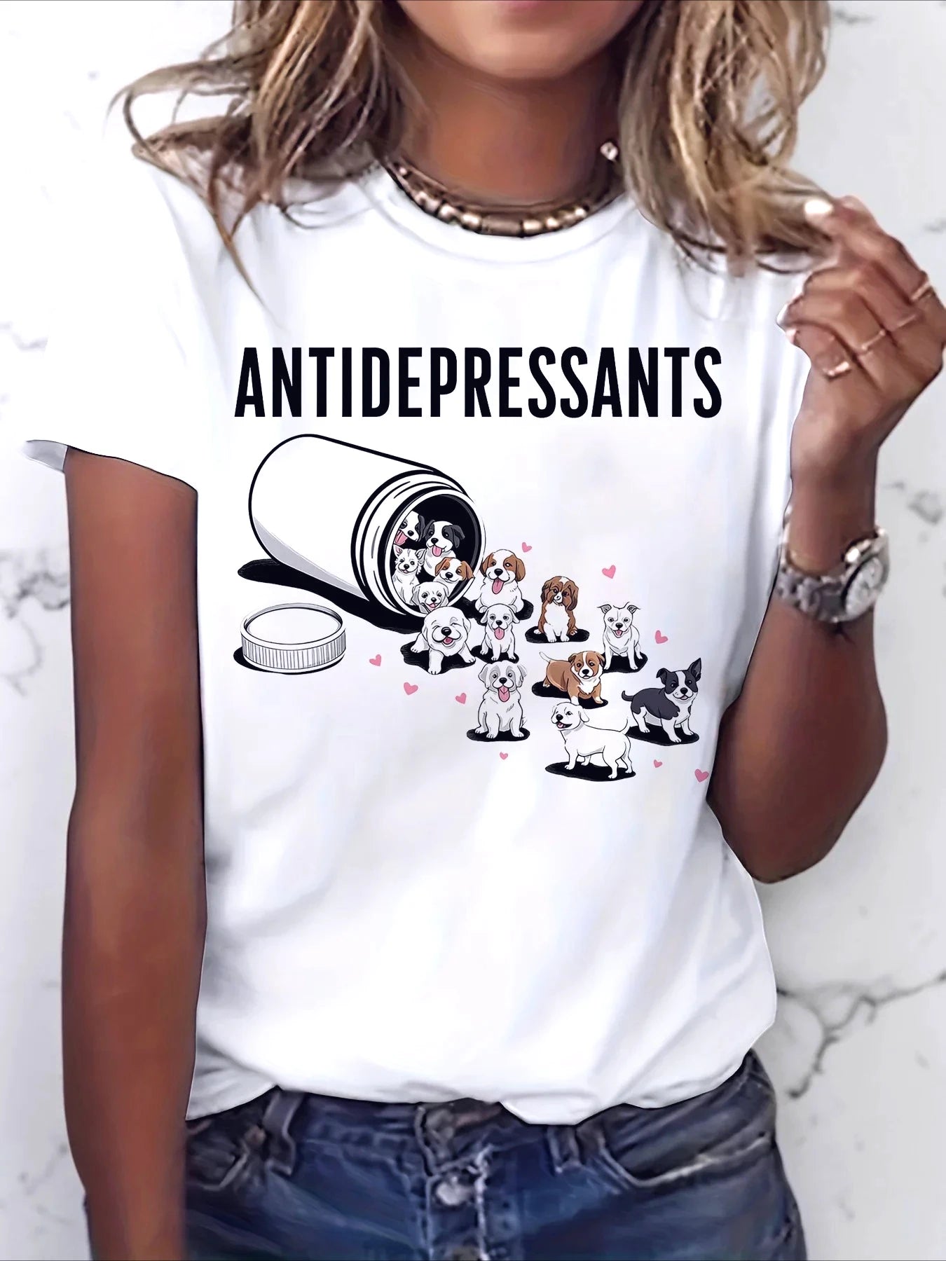 Women's "Antidepressants Puppies" Print Short Sleeve T-Shirt Casual Summer Crew Neck Funny Dog Lover Graphic Tees Dog Mom Tops