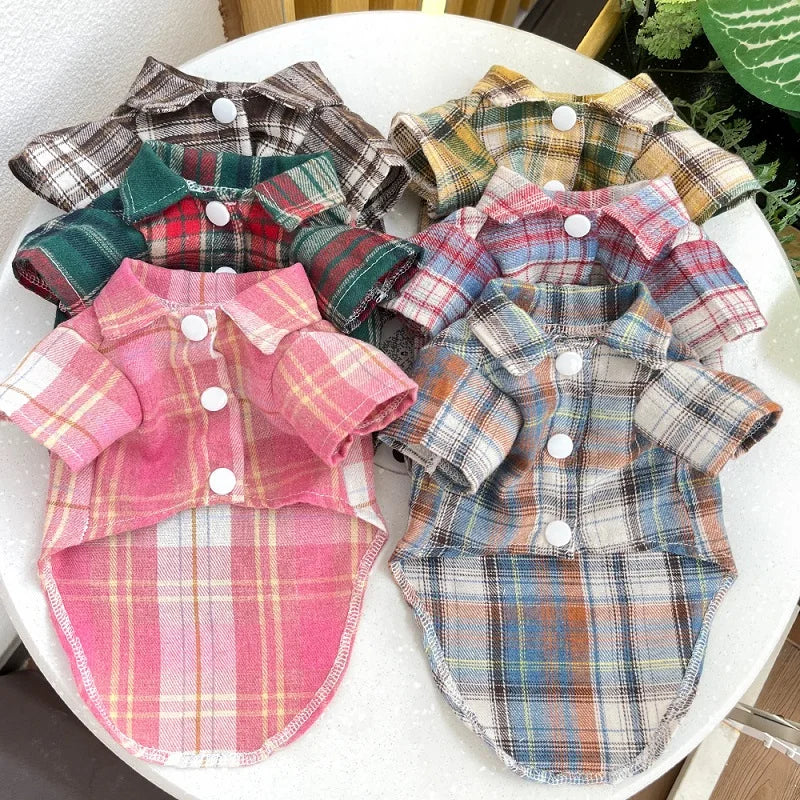 Classic Dog T-Shirt with D-Ring Fashion Dog Clothes Spring Puppy Coat Cute Plaid Cat Shirt Pet Costumes Bichon Frise Dog Apparel