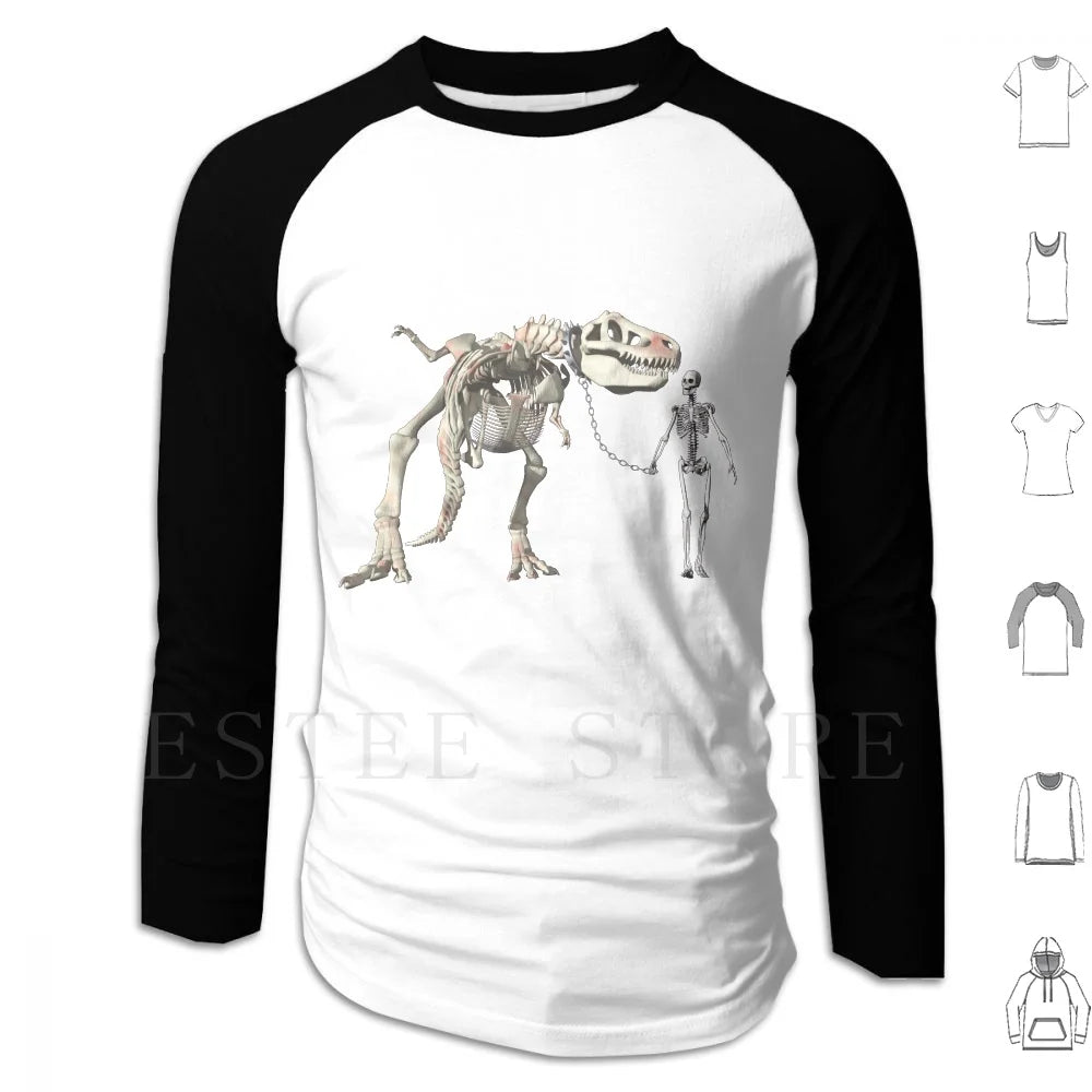 Walking The Pet Hoodie Long Sleeve Bones Cool Dinosaur Fun Funny Geek Humor Man Pet Skeleton Skeletons