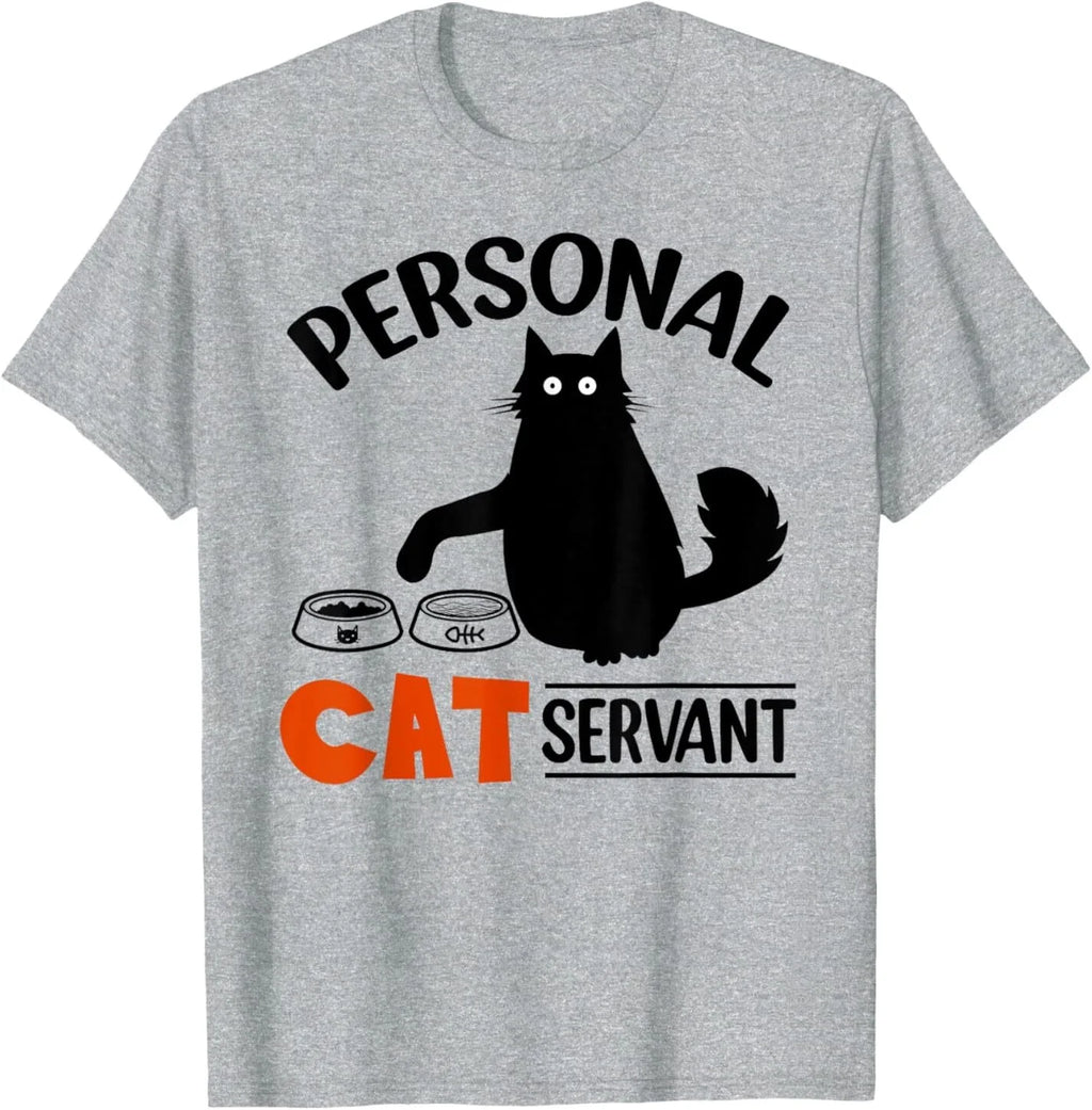 Vintage Cartoon Black Cat Personal Cat Servant Print T-shirt Men Women Pet Lover Cotton Short Sleeve Street Daily Tops
