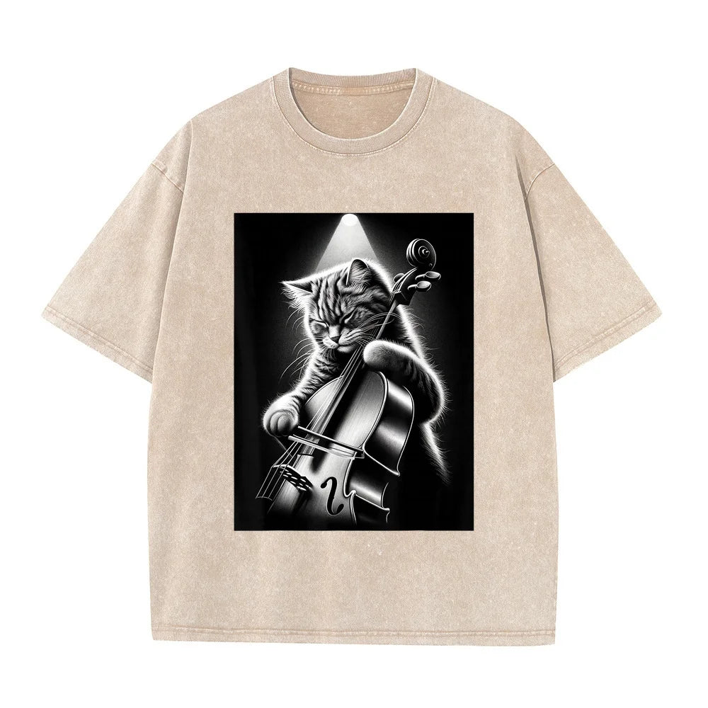 Musician Cello Player Funny Cat Playing T-Shirt Men Pet Owner Top Summer Oversized Short Sleeve Clothing Unisex Multi Color Tee