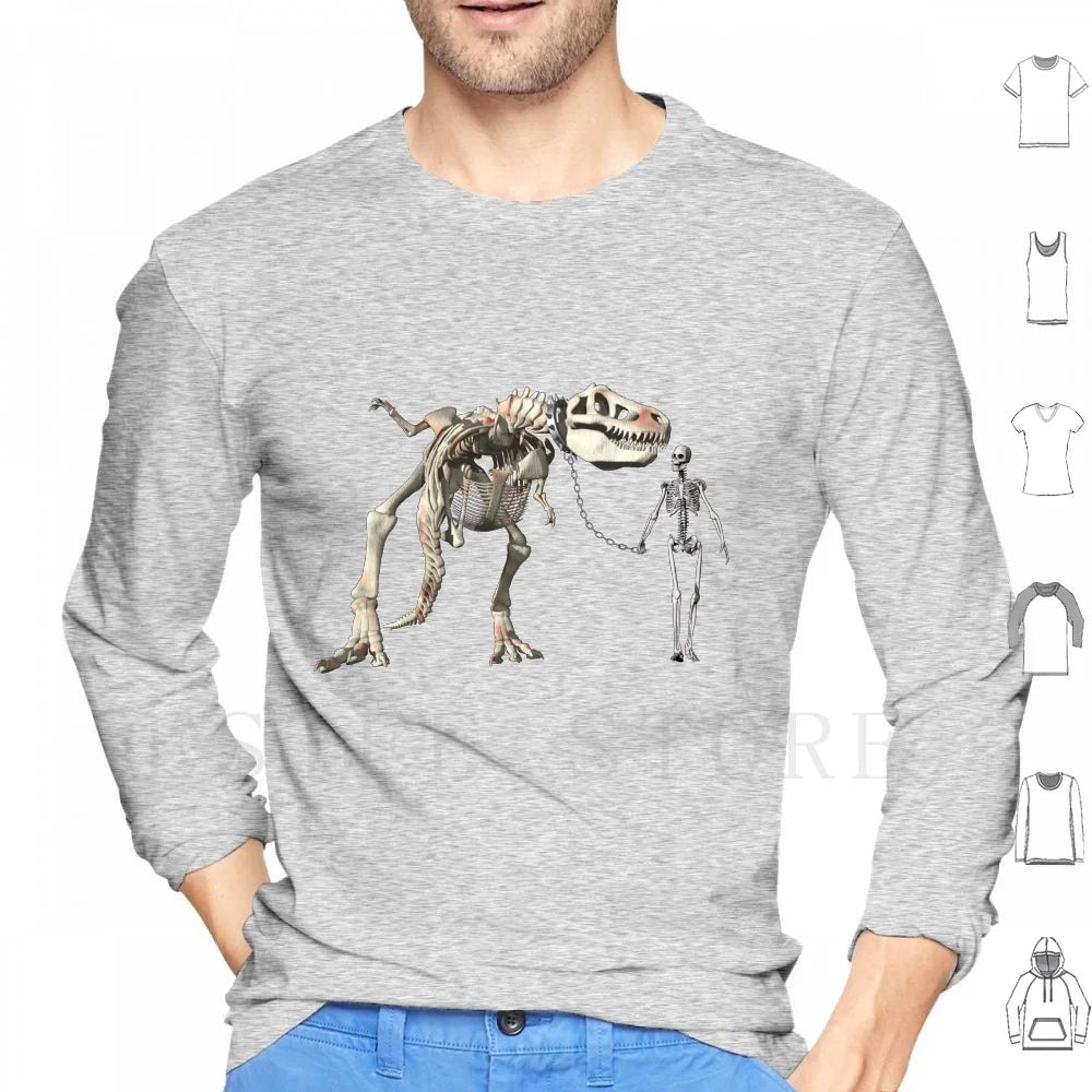 Walking The Pet Hoodie Long Sleeve Bones Cool Dinosaur Fun Funny Geek Humor Man Pet Skeleton Skeletons