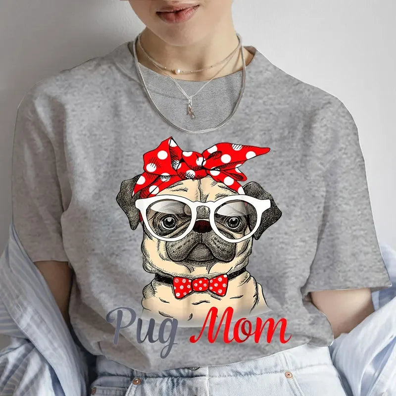 Pug Mom Print T-Shirt Women'S Clothing Funny Cartoon Tee Tshirt Femme Dog Lover T Shirt Female Harajuku Tee Shirt Streetwear Y2k