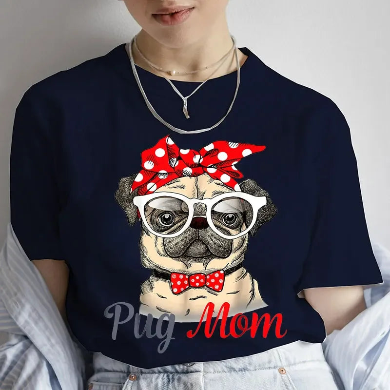 Pug Mom Print T-Shirt Women'S Clothing Funny Cartoon Tee Tshirt Femme Dog Lover T Shirt Female Harajuku Tee Shirt Streetwear Y2k