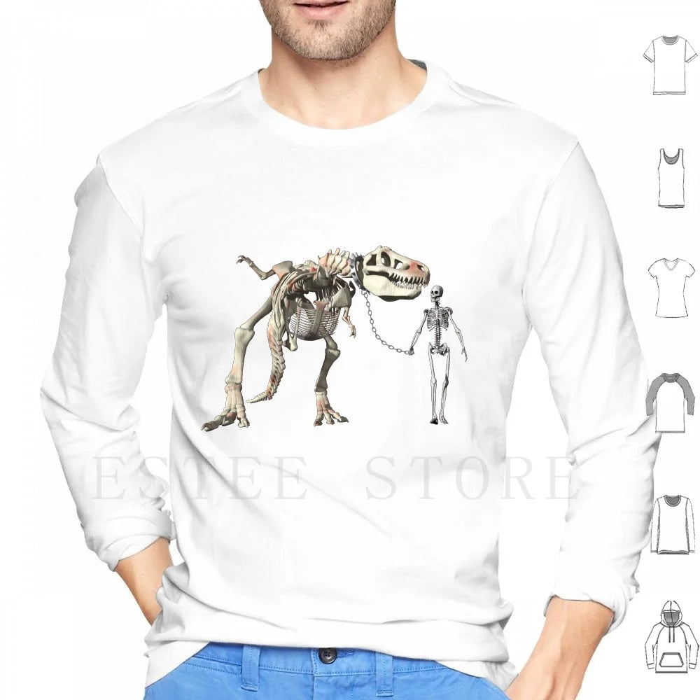 Walking The Pet Hoodie Long Sleeve Bones Cool Dinosaur Fun Funny Geek Humor Man Pet Skeleton Skeletons