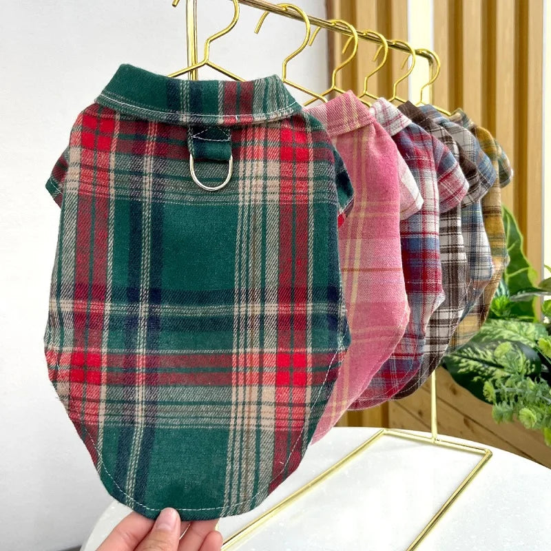 Classic Dog T-Shirt with D-Ring Fashion Dog Clothes Spring Puppy Coat Cute Plaid Cat Shirt Pet Costumes Bichon Frise Dog Apparel