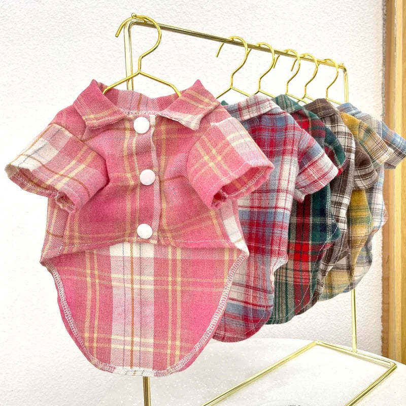 Classic Dog T-Shirt with D-Ring Fashion Dog Clothes Spring Puppy Coat Cute Plaid Cat Shirt Pet Costumes Bichon Frise Dog Apparel