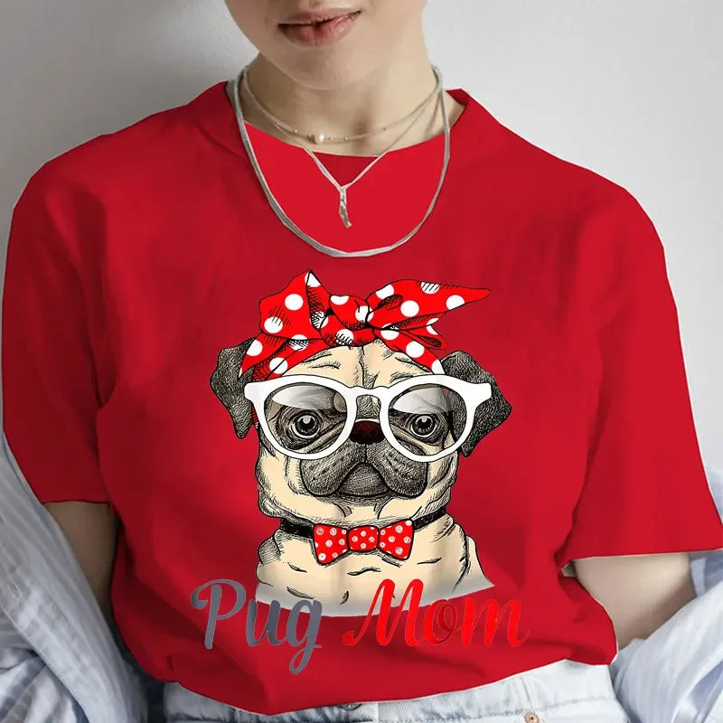 Pug Mom Print T-Shirt Women'S Clothing Funny Cartoon Tee Tshirt Femme Dog Lover T Shirt Female Harajuku Tee Shirt Streetwear Y2k