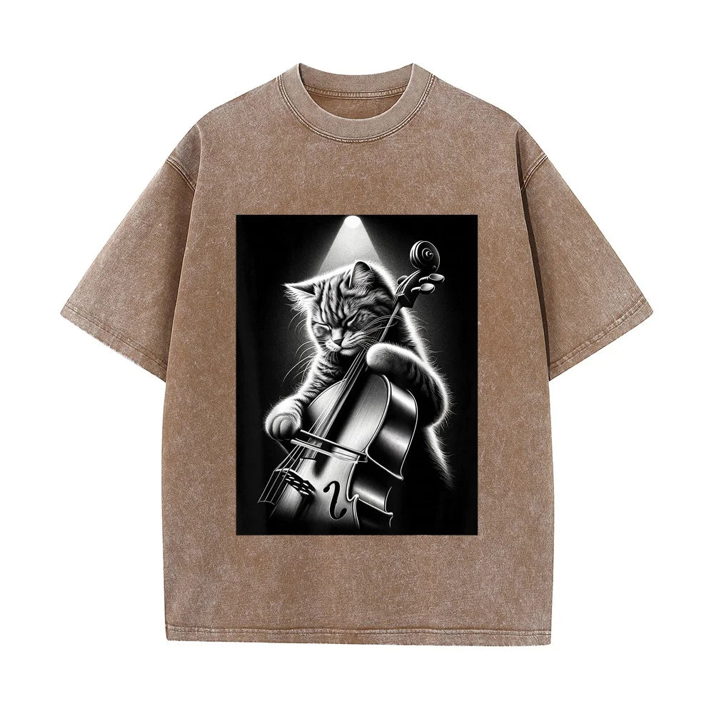 Musician Cello Player Funny Cat Playing T-Shirt Men Pet Owner Top Summer Oversized Short Sleeve Clothing Unisex Multi Color Tee