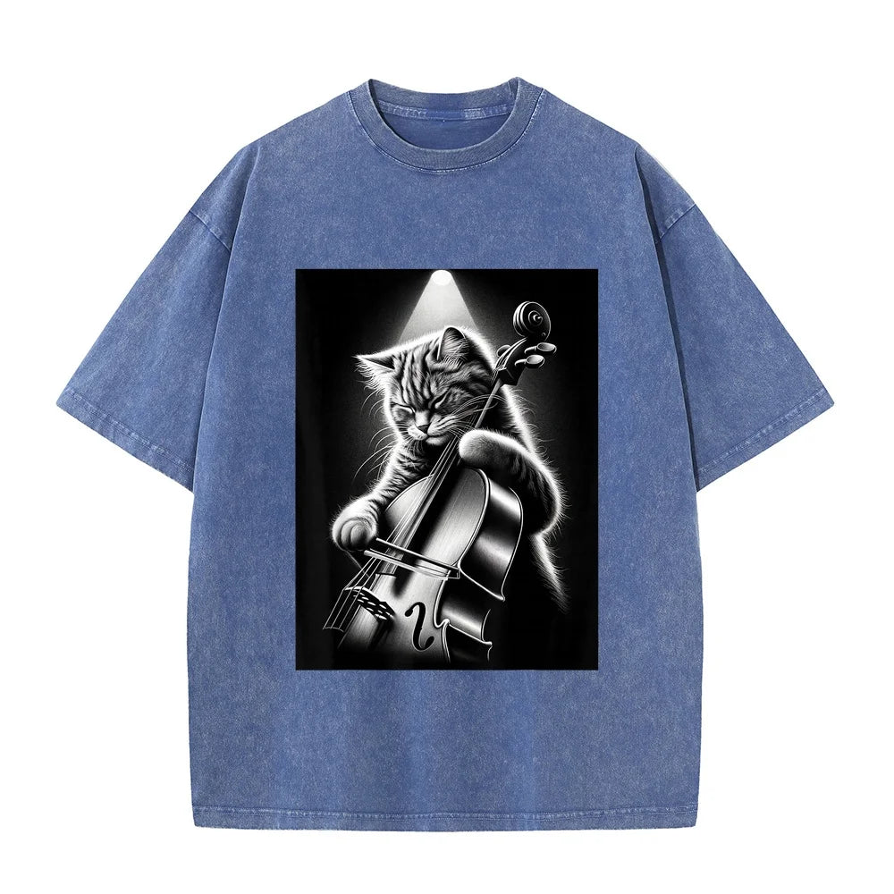 Musician Cello Player Funny Cat Playing T-Shirt Men Pet Owner Top Summer Oversized Short Sleeve Clothing Unisex Multi Color Tee