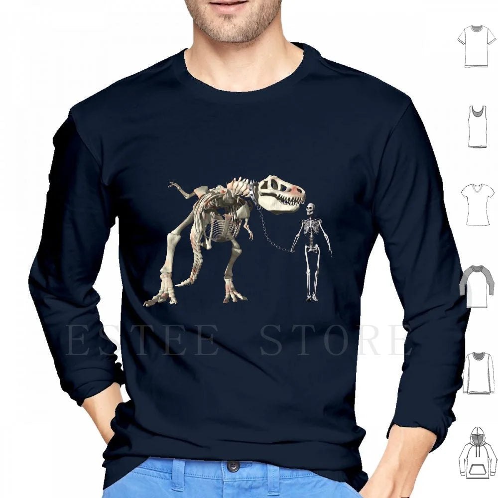 Walking The Pet Hoodie Long Sleeve Bones Cool Dinosaur Fun Funny Geek Humor Man Pet Skeleton Skeletons