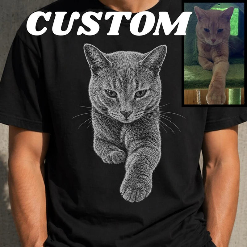 Custom Cat Portrait T Shirt Personalized Pet Memorial Design Short Sleeve Loose Comfort Daily Wear For Cat Lover
