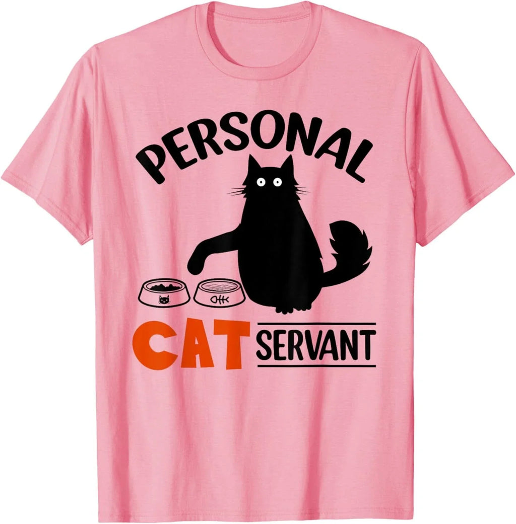 Vintage Cartoon Black Cat Personal Cat Servant Print T-shirt Men Women Pet Lover Cotton Short Sleeve Street Daily Tops