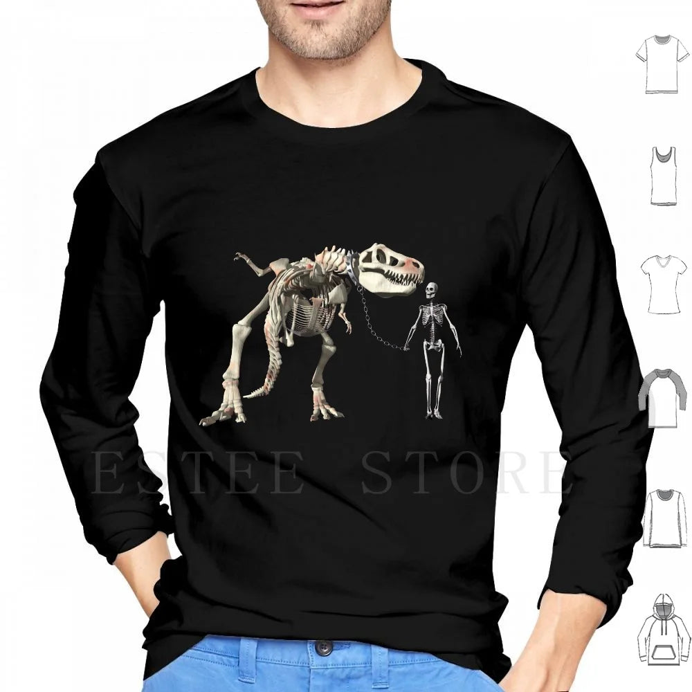 Walking The Pet Hoodie Long Sleeve Bones Cool Dinosaur Fun Funny Geek Humor Man Pet Skeleton Skeletons