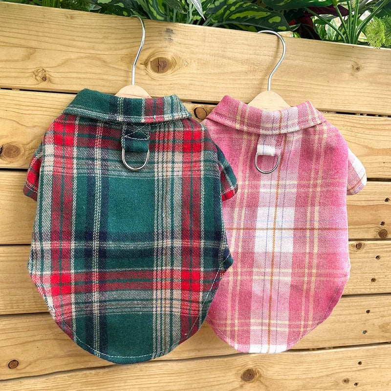 Classic Dog T-Shirt with D-Ring Fashion Dog Clothes Spring Puppy Coat Cute Plaid Cat Shirt Pet Costumes Bichon Frise Dog Apparel